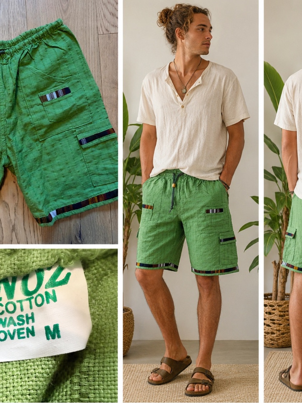 Men's Green Cargo Drawstring Shorts with Tribal Trim Unisex Medium